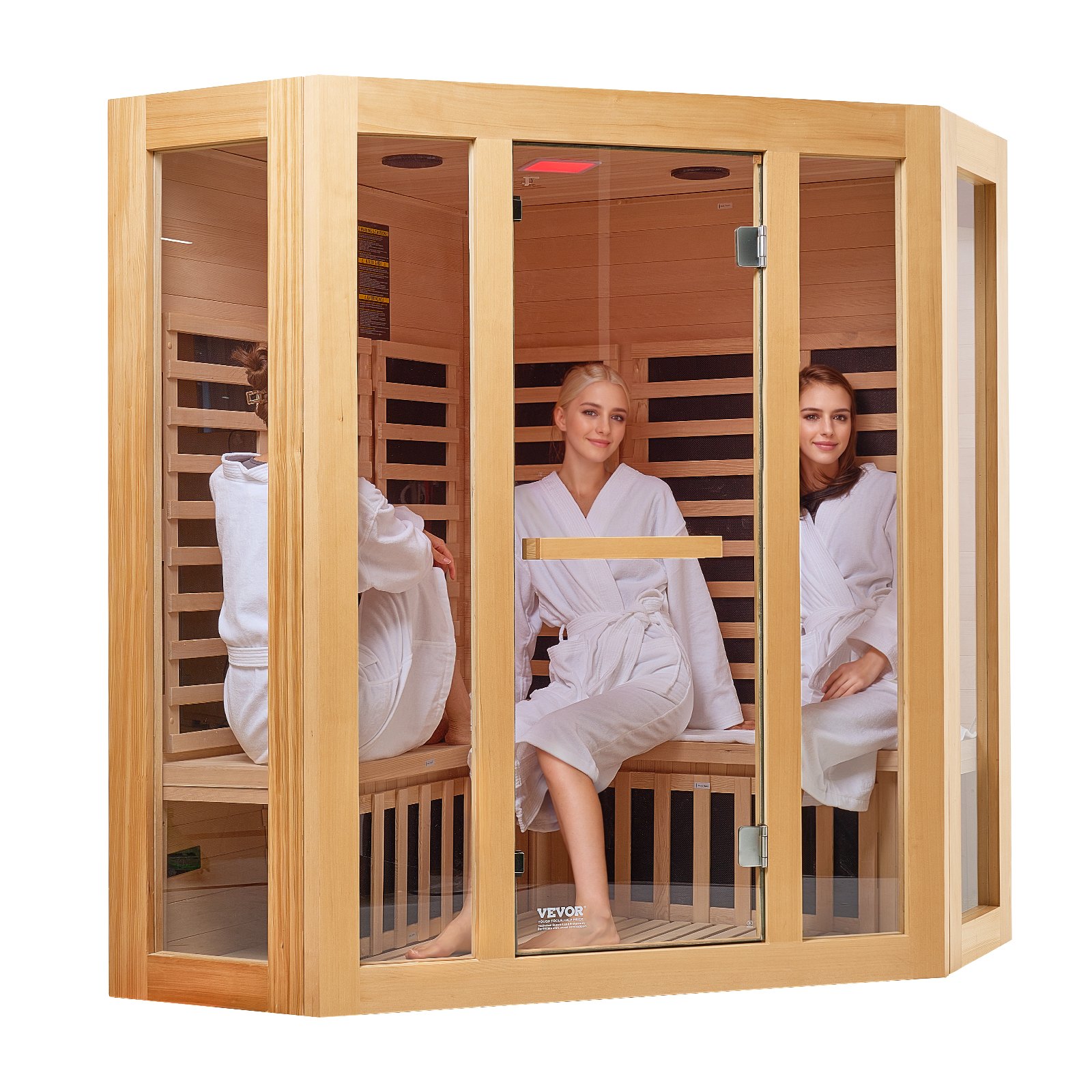 VEVOR Far Infrared Wooden Sauna, Room Home Sauna Spa for 3 to 4 Person, Low EMF Far Infrared Hemlock Wood Sauna with Tempered Glass Door & Bluetooth Speakers & Chromotherapy Lights, 2470W Indoor