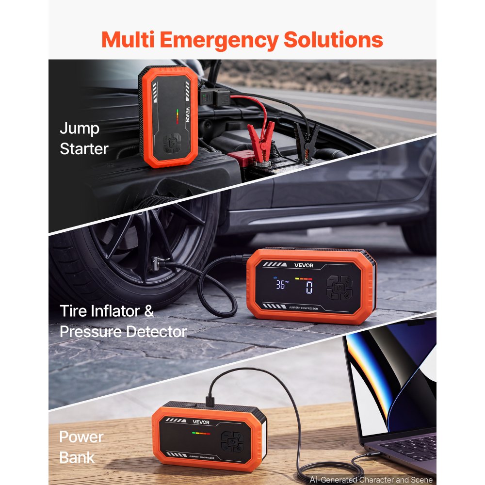 VEVOR Jump Starter Power Bank 3000 Een draagbare startbooster voor 9L benzine- en 6,5L dieselmotoren, met bandenspanningsmeter (150 psi), LED-zaklamp, automatische uitschakeling en 12V-oplader.
