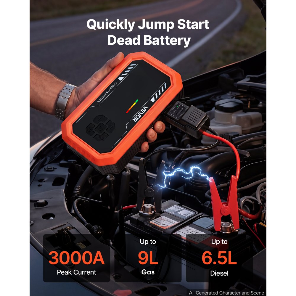 VEVOR Jump Starter Power Bank 3000 Een draagbare startbooster voor 9L benzine- en 6,5L dieselmotoren, met bandenspanningsmeter (150 psi), LED-zaklamp, automatische uitschakeling en 12V-oplader.