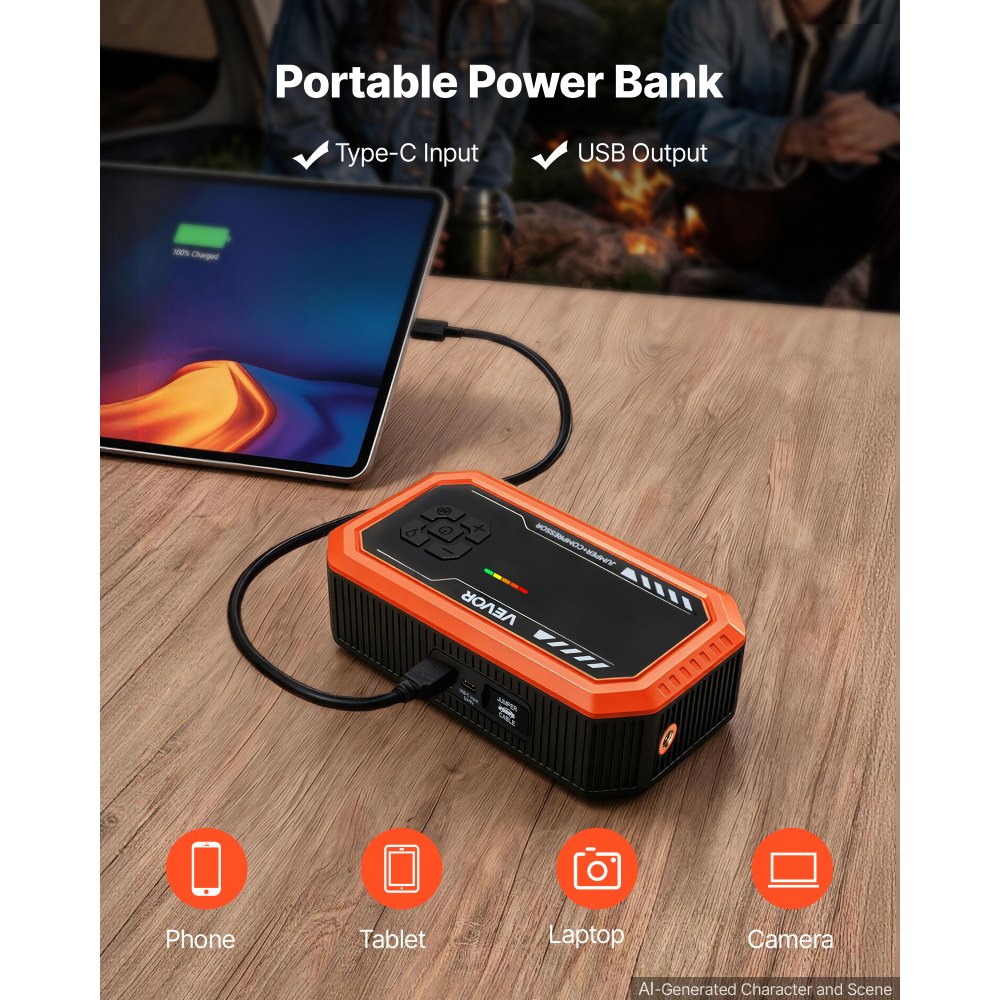 VEVOR Jump Starter Power Bank 3000 Een draagbare startbooster voor 9L benzine- en 6,5L dieselmotoren, met bandenspanningsmeter (150 psi), LED-zaklamp, automatische uitschakeling en 12V-oplader.