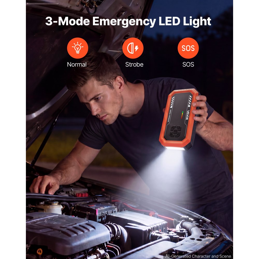 VEVOR Jump Starter Power Bank 3000 Een draagbare startbooster voor 9L benzine- en 6,5L dieselmotoren, met bandenspanningsmeter (150 psi), LED-zaklamp, automatische uitschakeling en 12V-oplader.