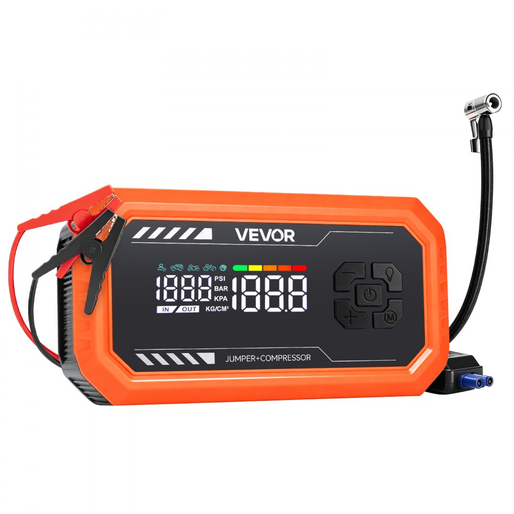 VEVOR Jump Starter Power Bank 3000 Een draagbare startbooster voor 9L benzine- en 6,5L dieselmotoren, met bandenspanningsmeter (150 psi), LED-zaklamp, automatische uitschakeling en 12V-oplader.