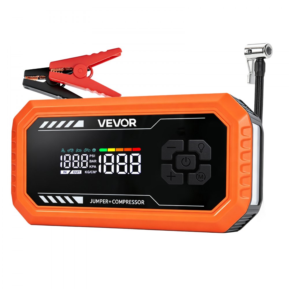 VEVOR Jump Starter Power Bank 3000 Een draagbare startbooster voor 9L benzine- en 6,5L dieselmotoren, met bandenspanningsmeter (150 psi), LED-zaklamp, automatische uitschakeling en 12V-oplader.