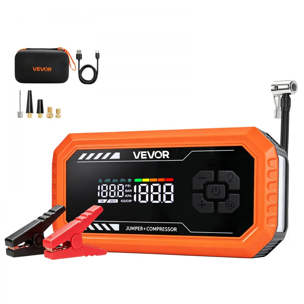 VEVOR Jump Starter Power Bank 3000 Een draagbare startbooster voor 9L benzine- en 6,5L dieselmotoren, met bandenspanningsmeter (150 psi), LED-zaklamp, automatische uitschakeling en 12V-oplader.