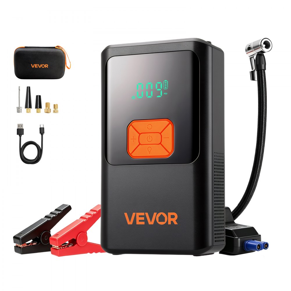 VEVOR Jump Starter Power Bank 4000 Een draagbare startbooster voor 9L benzine- en 8L dieselmotoren, met bandenspanningsmeter (150 psi), LED-zaklamp, ABS-PC behuizing en bescherming tegen omgekeerde polariteit en kortsluiting.