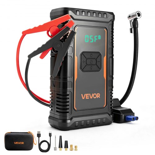 VEVOR Jump Starter Powerbank met luchtcompressor, 1600 A piekvermogen voor 6.0L benzine- / 3.0L dieselmotoren, 150 psi bandenspanning, automatische uitschakeling, 12V-oplader en LED-zaklamp.
