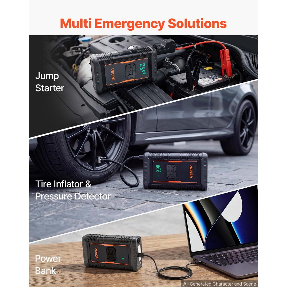 VEVOR Jump Starter Powerbank met luchtcompressor, 1600 A piekvermogen voor 6.0L benzine- / 3.0L dieselmotoren, 150 psi bandenspanning, automatische uitschakeling, 12V-oplader en LED-zaklamp.