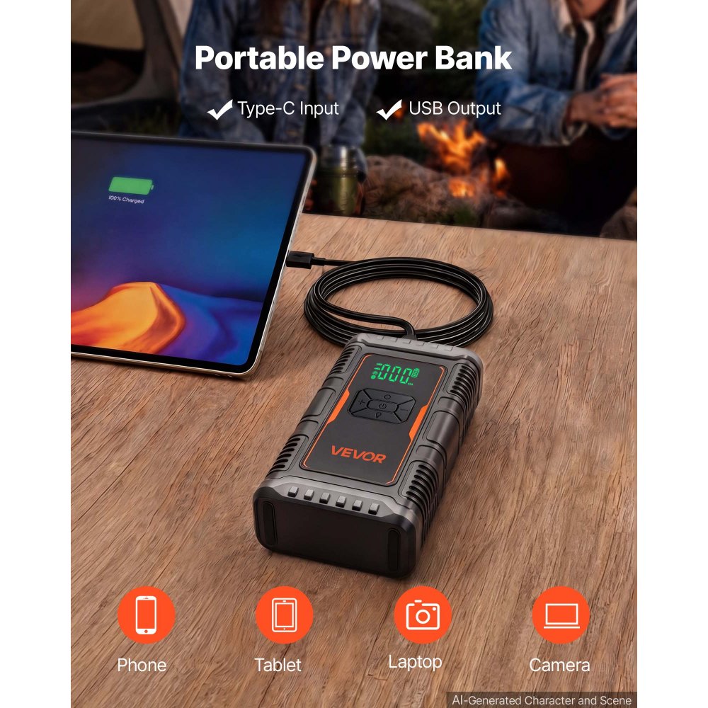 VEVOR Jump Starter Powerbank met luchtcompressor, 1600 A piekvermogen voor 6.0L benzine- / 3.0L dieselmotoren, 150 psi bandenspanning, automatische uitschakeling, 12V-oplader en LED-zaklamp.