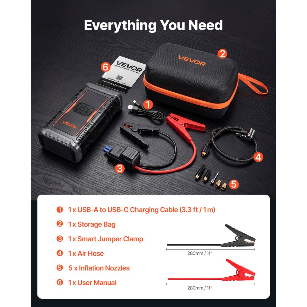VEVOR Jump Starter Powerbank met luchtcompressor, 1600 A piekvermogen voor 6.0L benzine- / 3.0L dieselmotoren, 150 psi bandenspanning, automatische uitschakeling, 12V-oplader en LED-zaklamp.