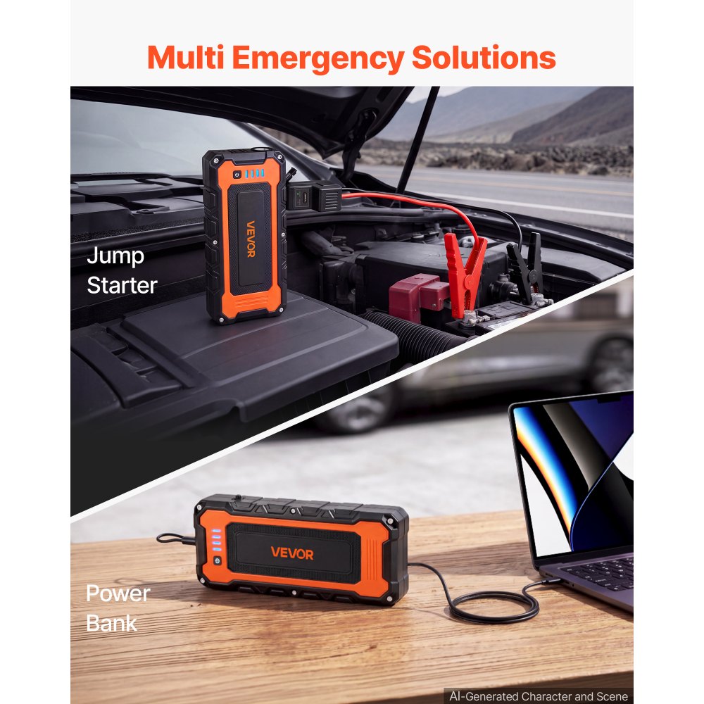 VEVOR Autostartbooster Powerbank 5000 A piekvermogen 12 V Draagbaar Zwart voor Benzinemotoren tot 9 L / Dieselmotoren tot 8,0 L, 3-standen LED-noodzaklamp, USB-uitgang, ABS & PC-behuizing