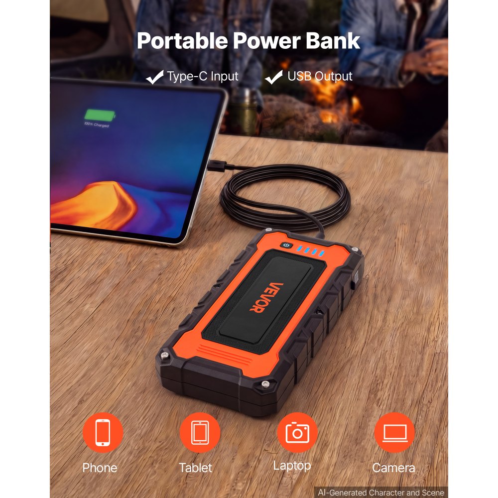 VEVOR Autostartbooster Powerbank 5000 A piekvermogen 12 V Draagbaar Zwart voor Benzinemotoren tot 9 L / Dieselmotoren tot 8,0 L, 3-standen LED-noodzaklamp, USB-uitgang, ABS & PC-behuizing