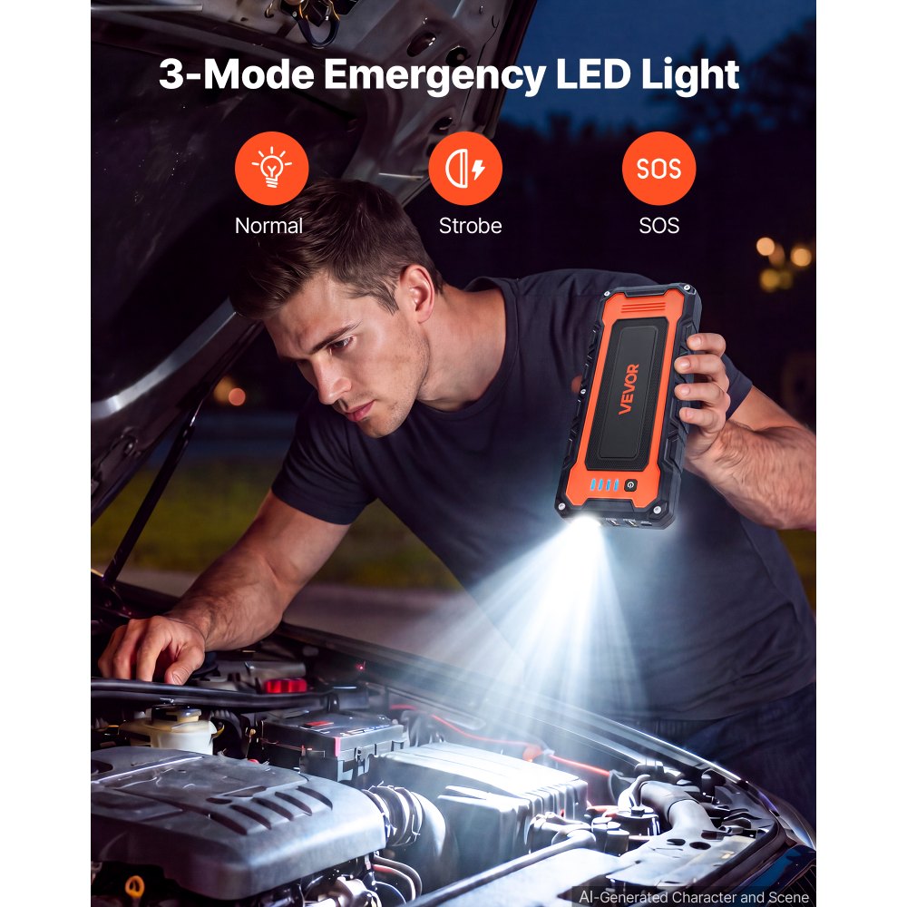 VEVOR Autostartbooster Powerbank 5000 A piekvermogen 12 V Draagbaar Zwart voor Benzinemotoren tot 9 L / Dieselmotoren tot 8,0 L, 3-standen LED-noodzaklamp, USB-uitgang, ABS & PC-behuizing