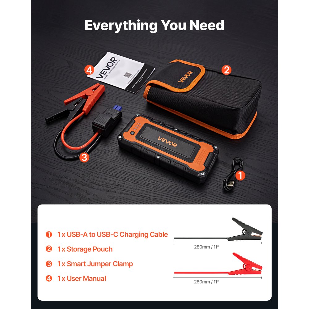 VEVOR Autostartbooster Powerbank 5000 A piekvermogen 12 V Draagbaar Zwart voor Benzinemotoren tot 9 L / Dieselmotoren tot 8,0 L, 3-standen LED-noodzaklamp, USB-uitgang, ABS & PC-behuizing