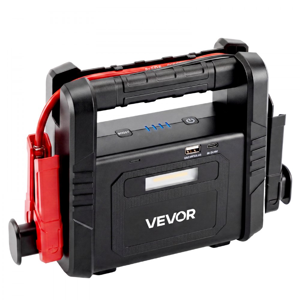 VEVOR Jump Starter Powerbank 6000 A piekvermogen 12 V draagbaar zwart starthulpapparaat voor benzine- en dieselvoertuigen tot 10 liter, 3-standen LED-noodzaklamp, USB-uitgang, ABS & PC-behuizing