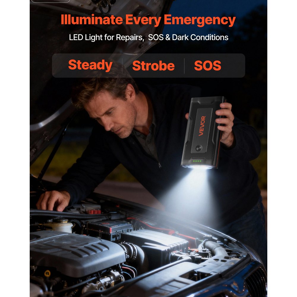 VEVOR Jump Starter Powerbank, startbooster met een piekvermogen van 1000A, inclusief LED-zaklamp en kabel, geschikt voor motoren tot 5 liter benzine/3 liter diesel. Draagbare booster met snelladen en veiligheidsbescherming voor noodgevallen.