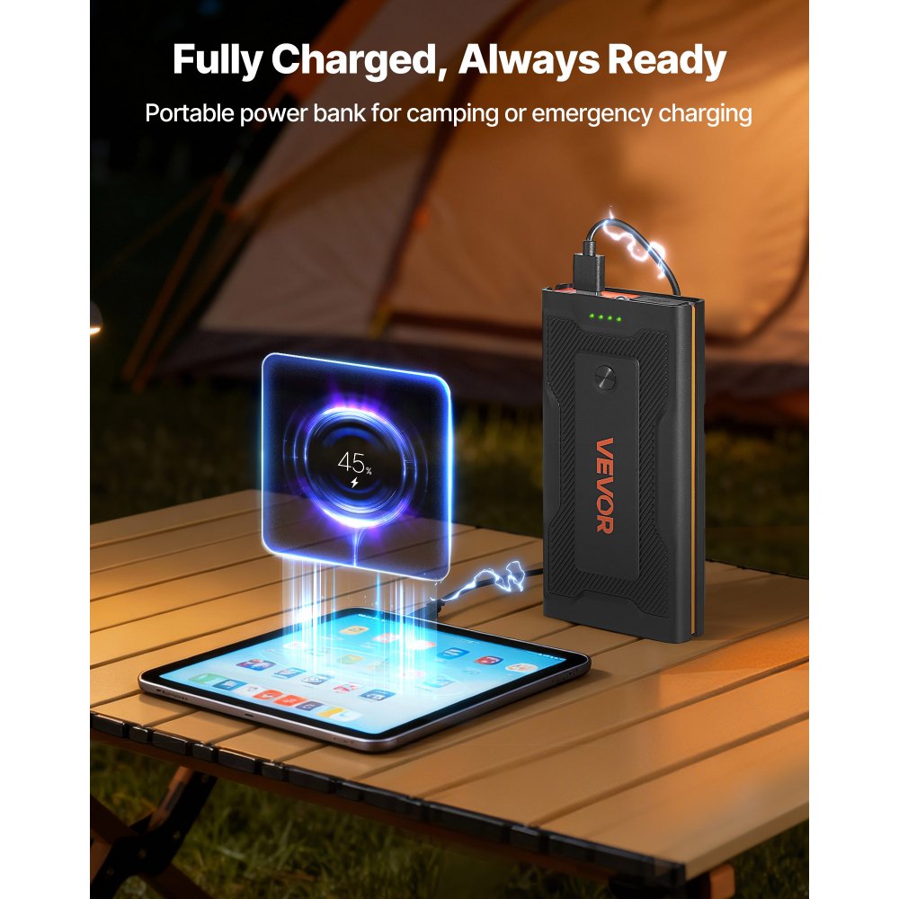 VEVOR Jump Starter Powerbank, startbooster met een piekvermogen van 1000A, inclusief LED-zaklamp en kabel, geschikt voor motoren tot 5 liter benzine/3 liter diesel. Draagbare booster met snelladen en veiligheidsbescherming voor noodgevallen.