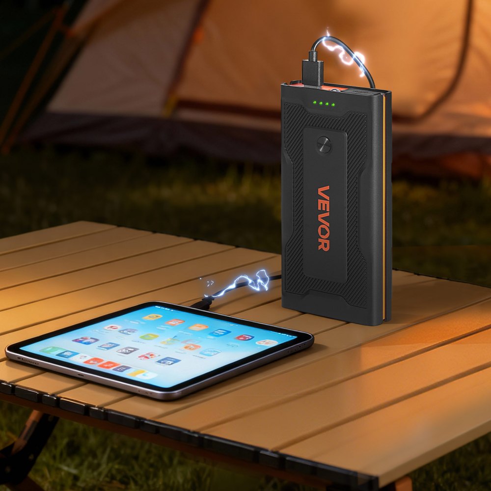 VEVOR Jump Starter Powerbank, startbooster met een piekvermogen van 1000A, inclusief LED-zaklamp en kabel, geschikt voor motoren tot 5 liter benzine/3 liter diesel. Draagbare booster met snelladen en veiligheidsbescherming voor noodgevallen.
