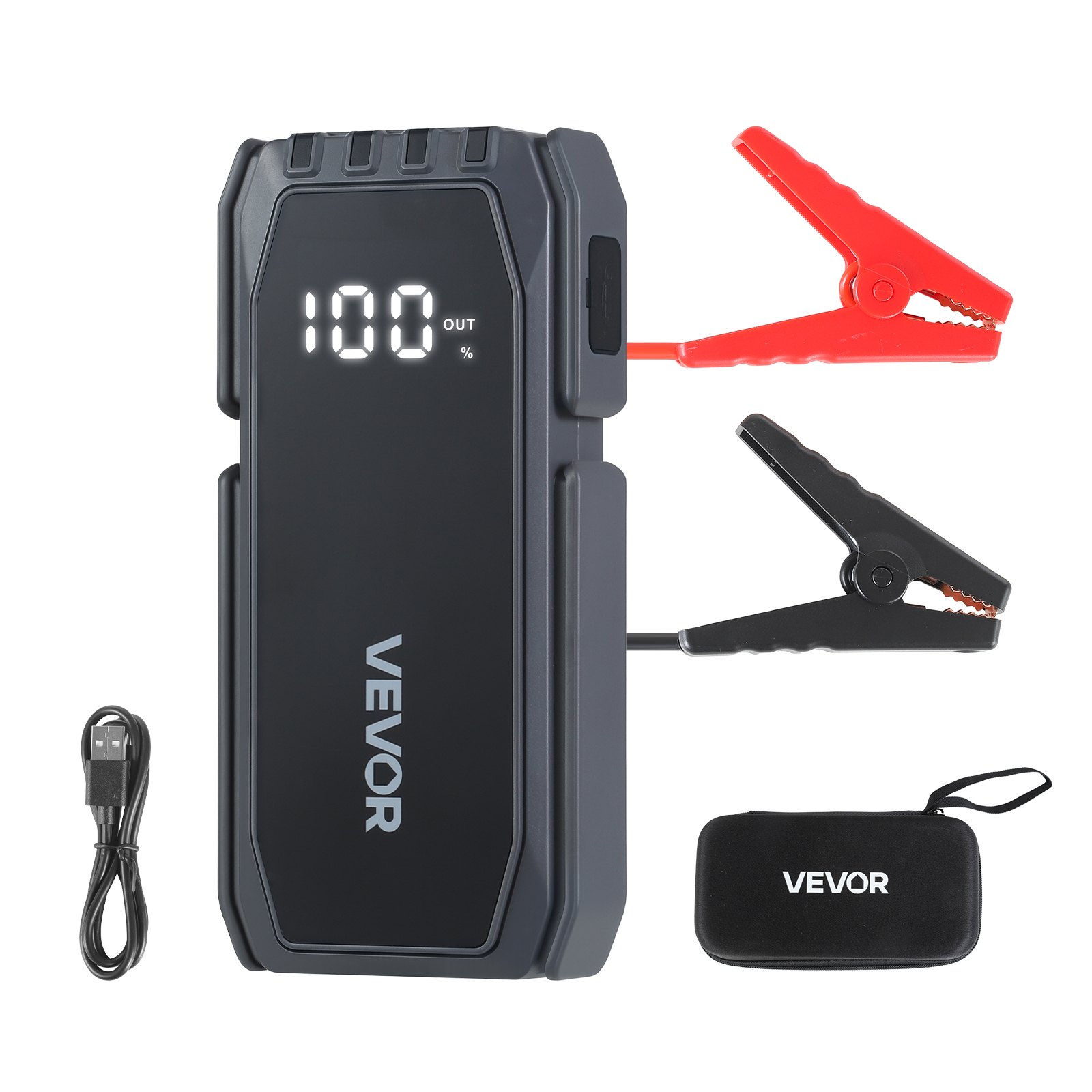 VEVOR Jump Starter Powerbank, startbooster met een piekvermogen van 1500A, inclusief LED-zaklamp en kabel, geschikt voor motoren tot 6 liter benzine/4 liter diesel. Draagbare booster met snelladen en veiligheidsbescherming voor noodgevallen.