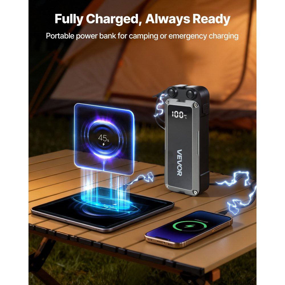 VEVOR Jump Starter Powerbank, startbooster met een piekvermogen van 4000A, inclusief LED-zaklamp en kabel, geschikt voor motoren tot 10 liter benzine/8 liter diesel. Draagbare booster met snelladen en veiligheidsbescherming voor noodgevallen.
