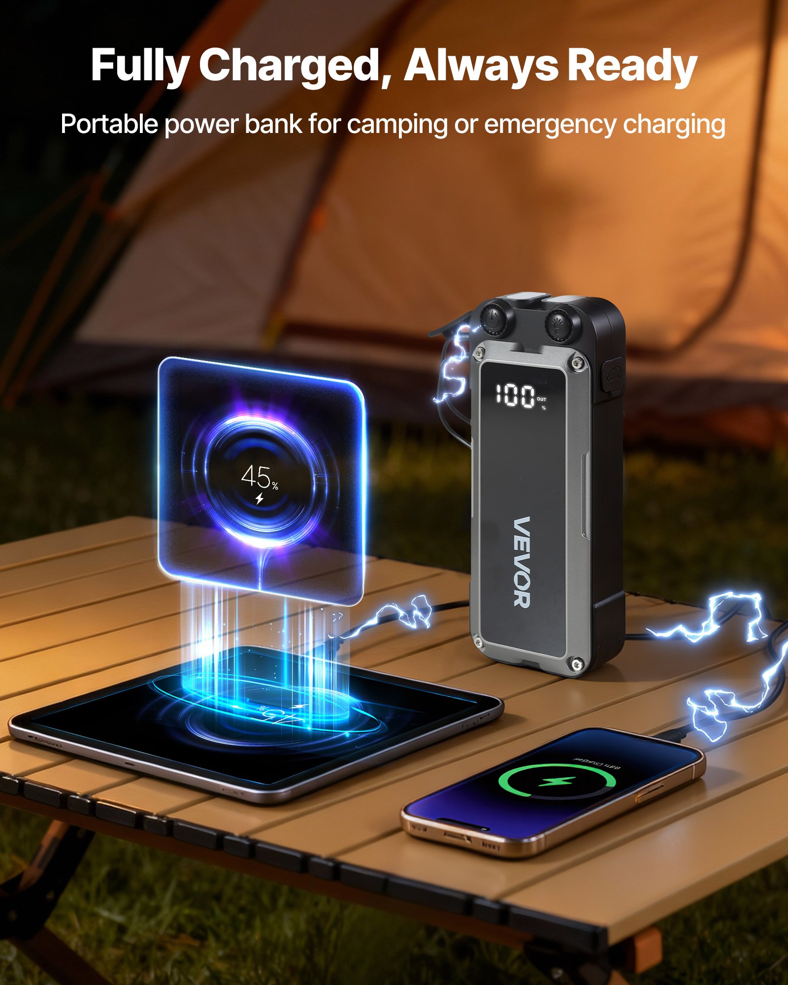 VEVOR Jump Starter Powerbank, startbooster met een piekvermogen van 4000A, inclusief LED-zaklamp en kabel, geschikt voor motoren tot 10 liter benzine/8 liter diesel. Draagbare booster met snelladen en veiligheidsbescherming voor noodgevallen.