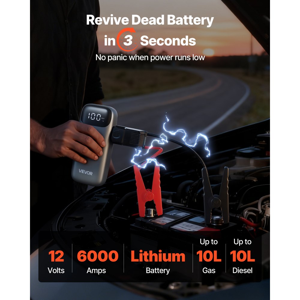 VEVOR Jump Starter Power Bank, startbooster met een piekvermogen van 6000A, inclusief LED-zaklamp en kabel, geschikt voor diesel- en benzinemotoren tot 10 liter. Deze auto-accubooster biedt snelladen en veiligheidsbescherming voor noodgevallen.