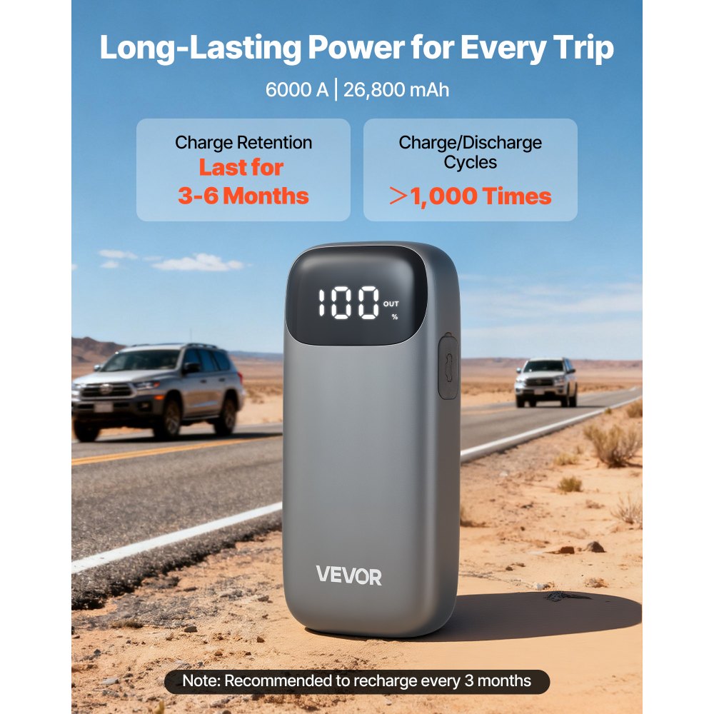 VEVOR Jump Starter Power Bank, startbooster met een piekvermogen van 6000A, inclusief LED-zaklamp en kabel, geschikt voor diesel- en benzinemotoren tot 10 liter. Deze auto-accubooster biedt snelladen en veiligheidsbescherming voor noodgevallen.