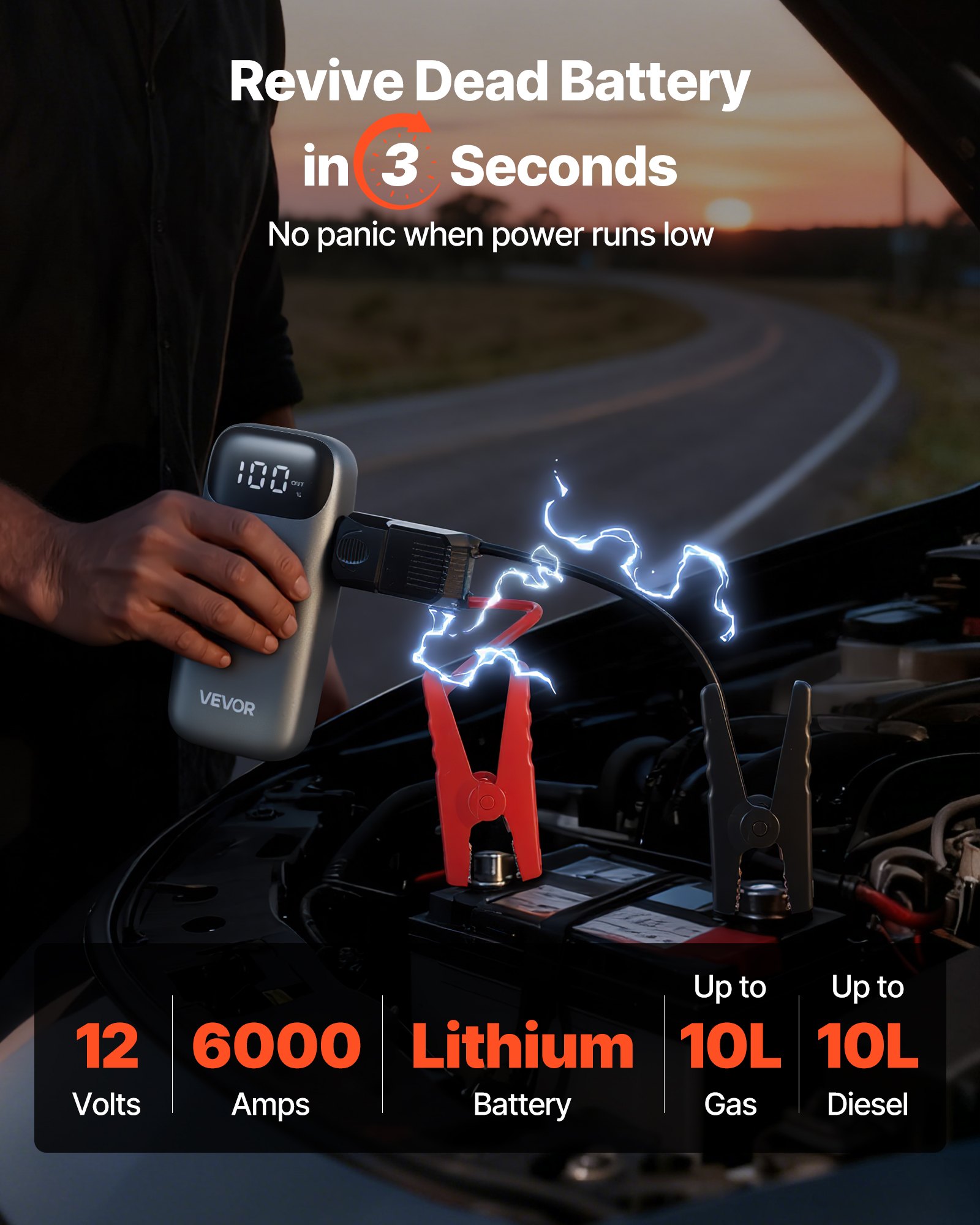 VEVOR Jump Starter Power Bank, startbooster met een piekvermogen van 6000A, inclusief LED-zaklamp en kabel, geschikt voor diesel- en benzinemotoren tot 10 liter. Deze auto-accubooster biedt snelladen en veiligheidsbescherming voor noodgevallen.