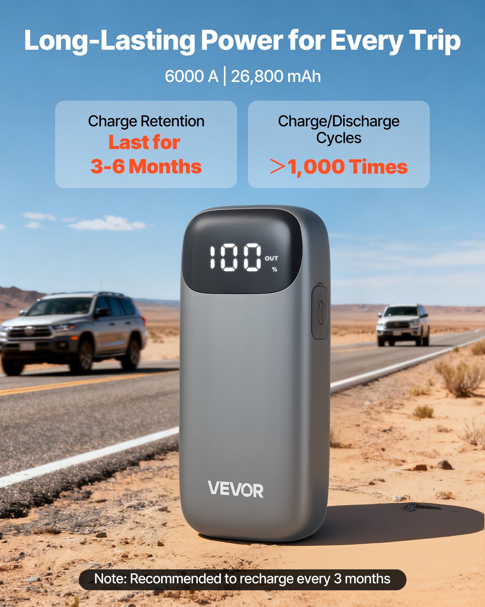 VEVOR Jump Starter Power Bank, startbooster met een piekvermogen van 6000A, inclusief LED-zaklamp en kabel, geschikt voor diesel- en benzinemotoren tot 10 liter. Deze auto-accubooster biedt snelladen en veiligheidsbescherming voor noodgevallen.