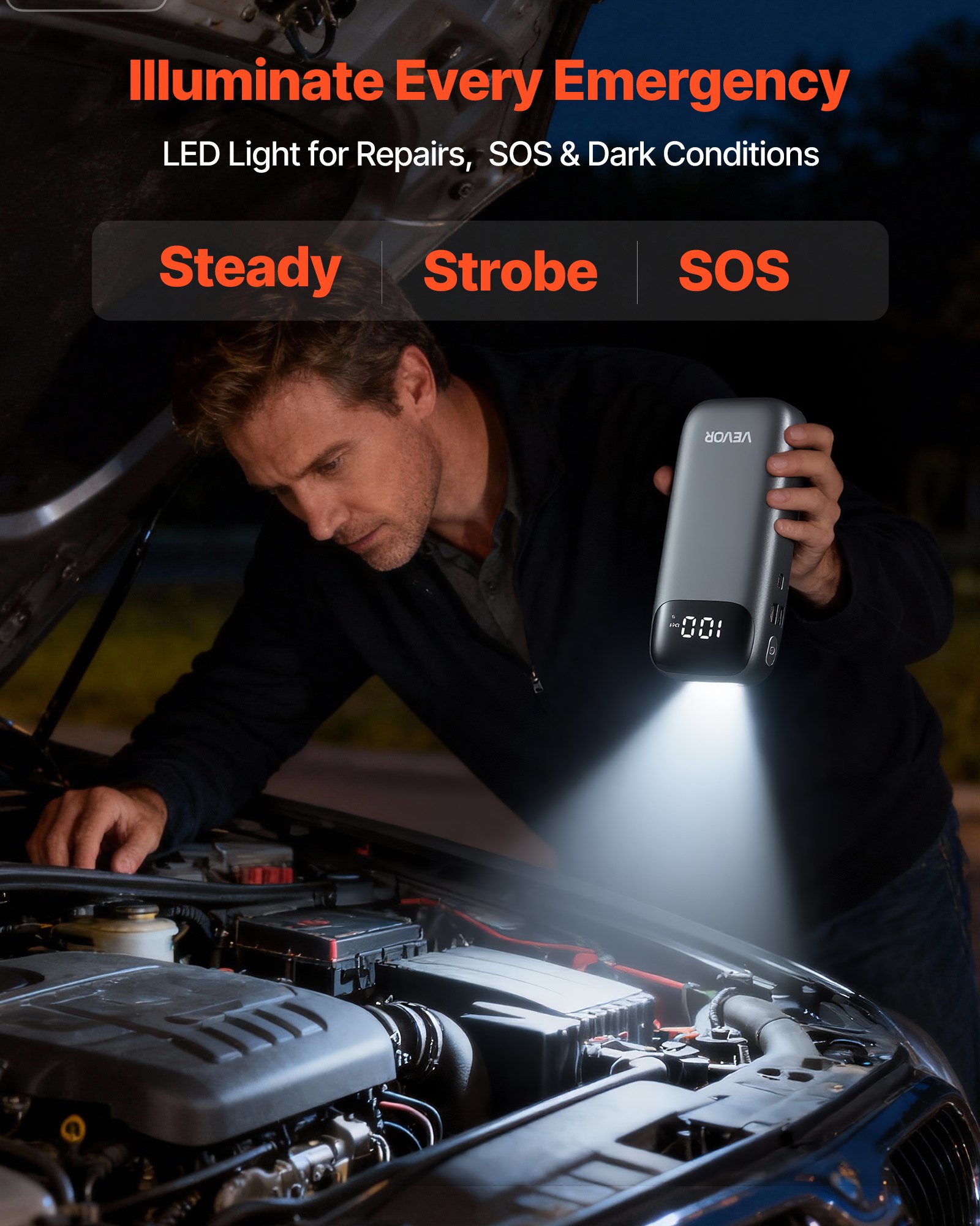 VEVOR Jump Starter Power Bank, startbooster met een piekvermogen van 6000A, inclusief LED-zaklamp en kabel, geschikt voor diesel- en benzinemotoren tot 10 liter. Deze auto-accubooster biedt snelladen en veiligheidsbescherming voor noodgevallen.