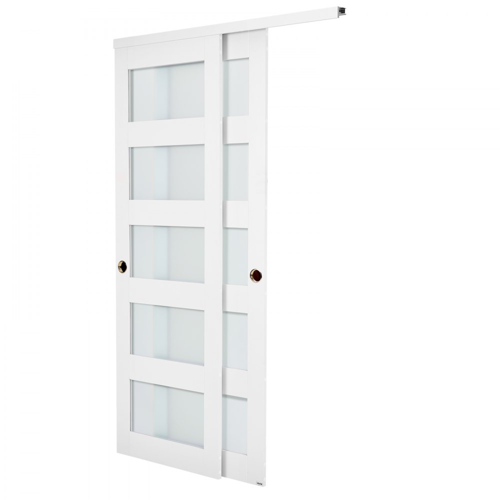 VEVOR Schuifdeur 1219 mm x 2032 mm (passende openingsmaat), gematteerde glazen bypass-schuifdeuren met bevestigingsset, massief hout en MDF-plaat met waterdicht PVC-oppervlak voor kasten, wit