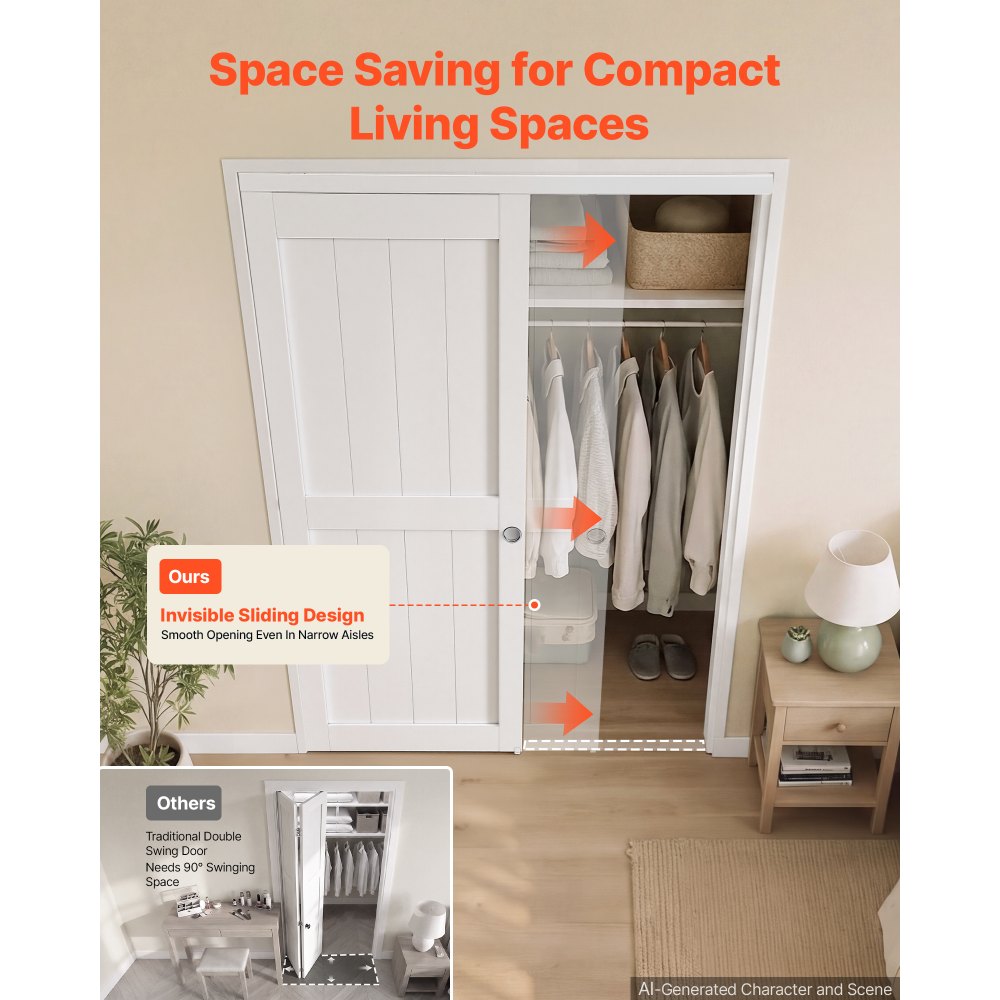 VEVOR Sliding Closet Doors 2-Panel, 60" (Double 31") x 80", All-Wood Bypass Sliding Door with Hardware Track Kit & Floor Guide, Modern Stylish & Space-Saving for Closets Bedrooms Wardrobes