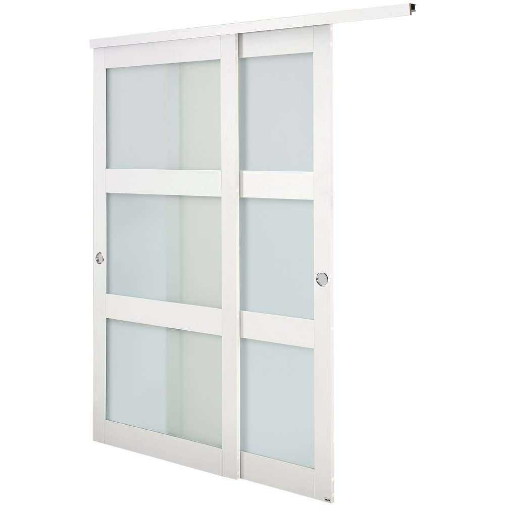 VEVOR Schuifdeur 1829 mm x 2032 mm (passende openingsmaat), gematteerde glazen bypass-schuifdeuren met bevestigingsset, massief hout en MDF-plaat met waterdicht PVC-oppervlak voor kasten, wit