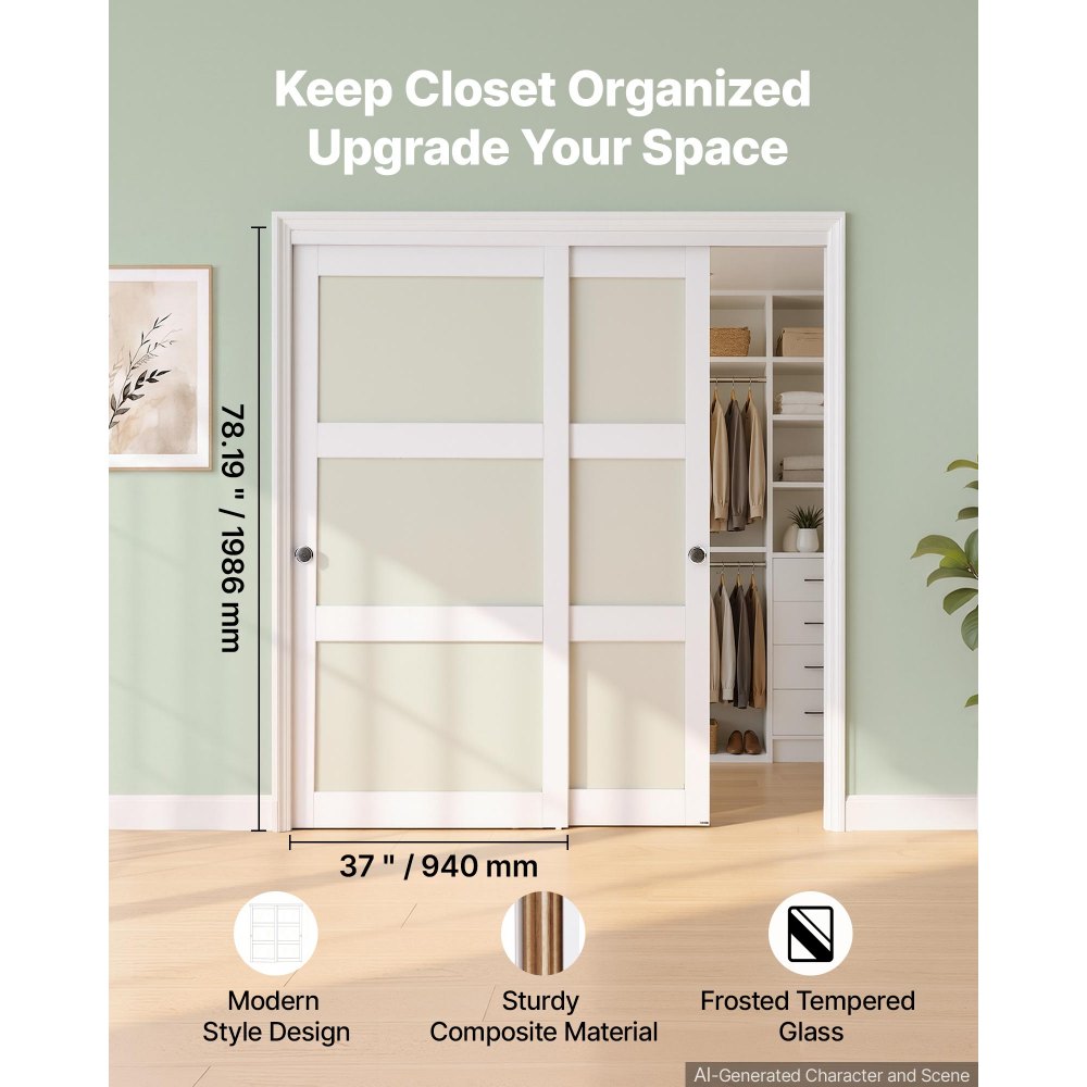 VEVOR Schuifdeur 1829 mm x 2032 mm (passende openingsmaat), gematteerde glazen bypass-schuifdeuren met bevestigingsset, massief hout en MDF-plaat met waterdicht PVC-oppervlak voor kasten, wit