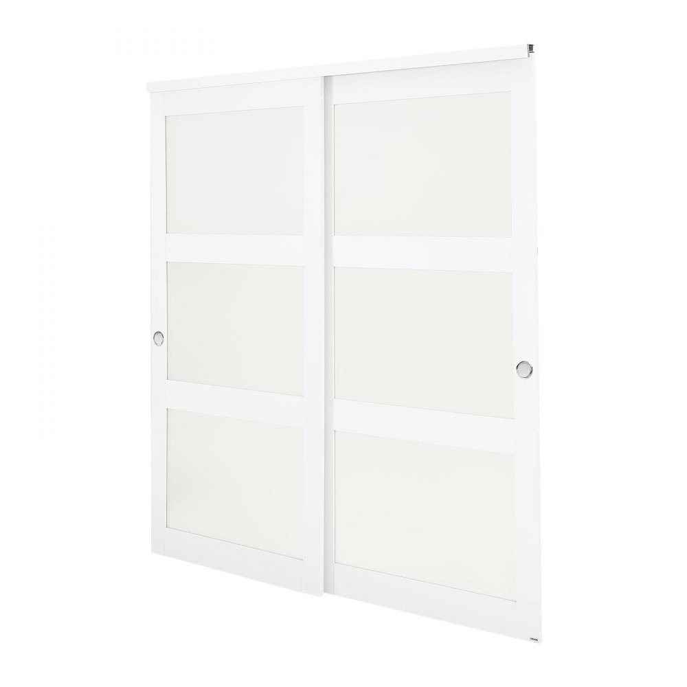 VEVOR Schuifdeur 1829 mm x 2032 mm (passende openingsmaat), gematteerde glazen bypass-schuifdeuren met bevestigingsset, massief hout en MDF-plaat met waterdicht PVC-oppervlak voor kasten, wit