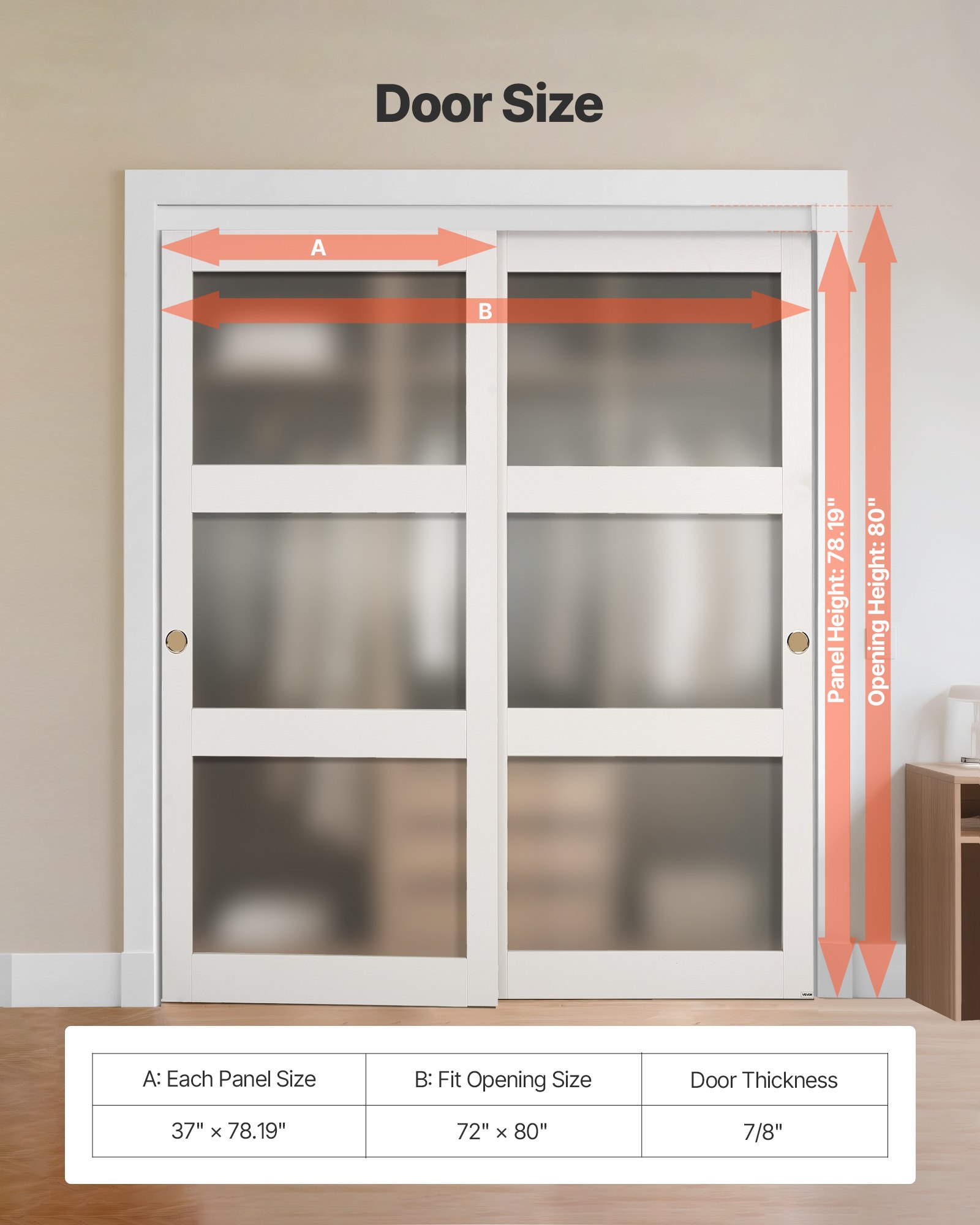 VEVOR Schuifdeur 1829 mm x 2032 mm (passende openingsmaat), gematteerde glazen bypass-schuifdeuren met bevestigingsset, massief hout en MDF-plaat met waterdicht PVC-oppervlak voor kasten, wit