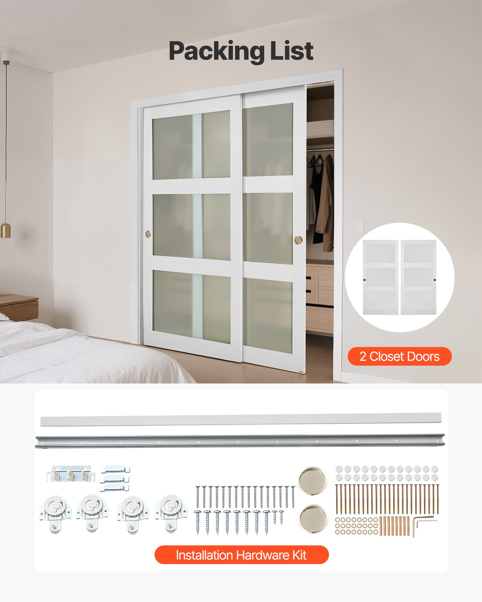 VEVOR Schuifdeur 1829 mm x 2032 mm (passende openingsmaat), gematteerde glazen bypass-schuifdeuren met bevestigingsset, massief hout en MDF-plaat met waterdicht PVC-oppervlak voor kasten, wit