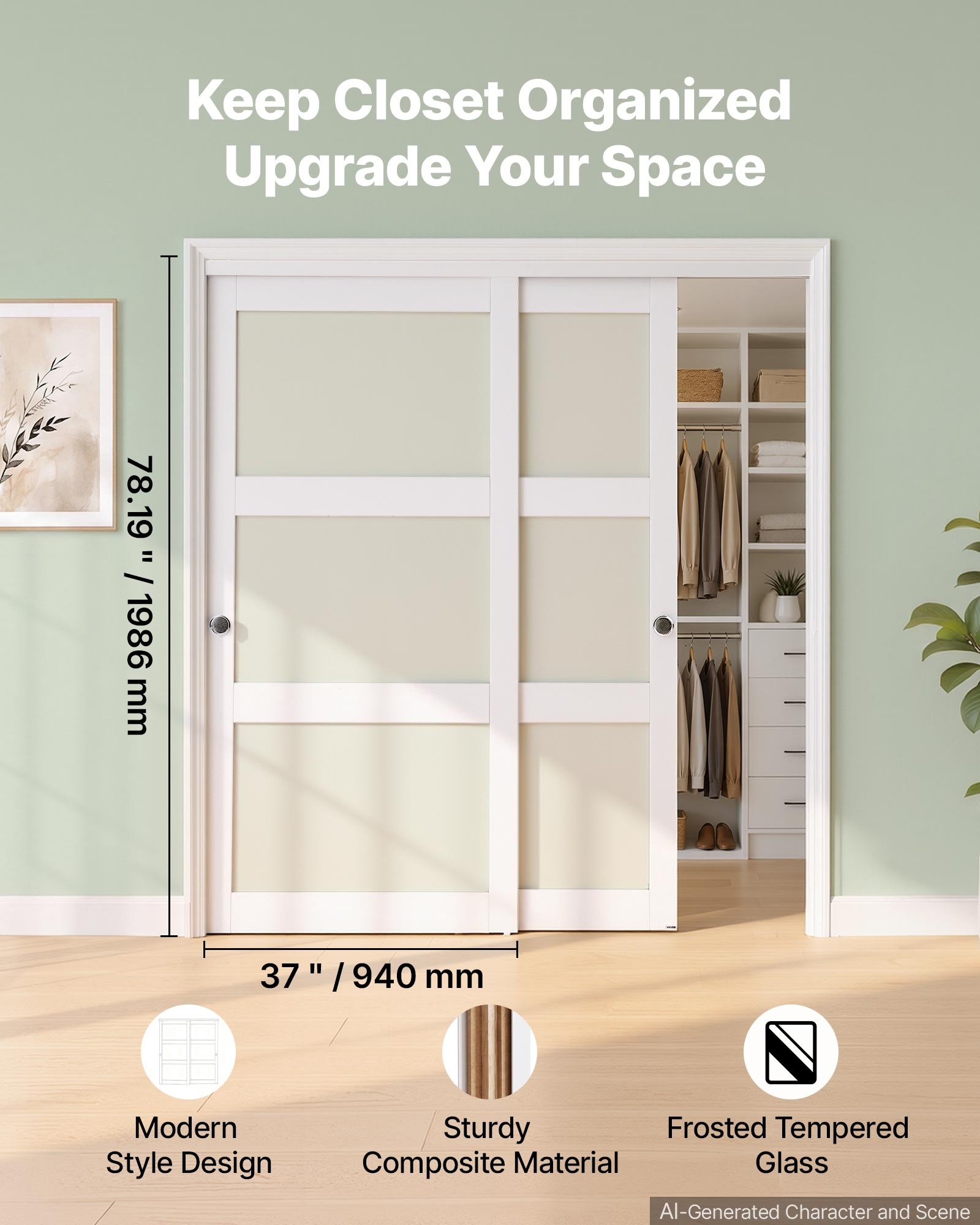 VEVOR Schuifdeur 1829 mm x 2032 mm (passende openingsmaat), gematteerde glazen bypass-schuifdeuren met bevestigingsset, massief hout en MDF-plaat met waterdicht PVC-oppervlak voor kasten, wit