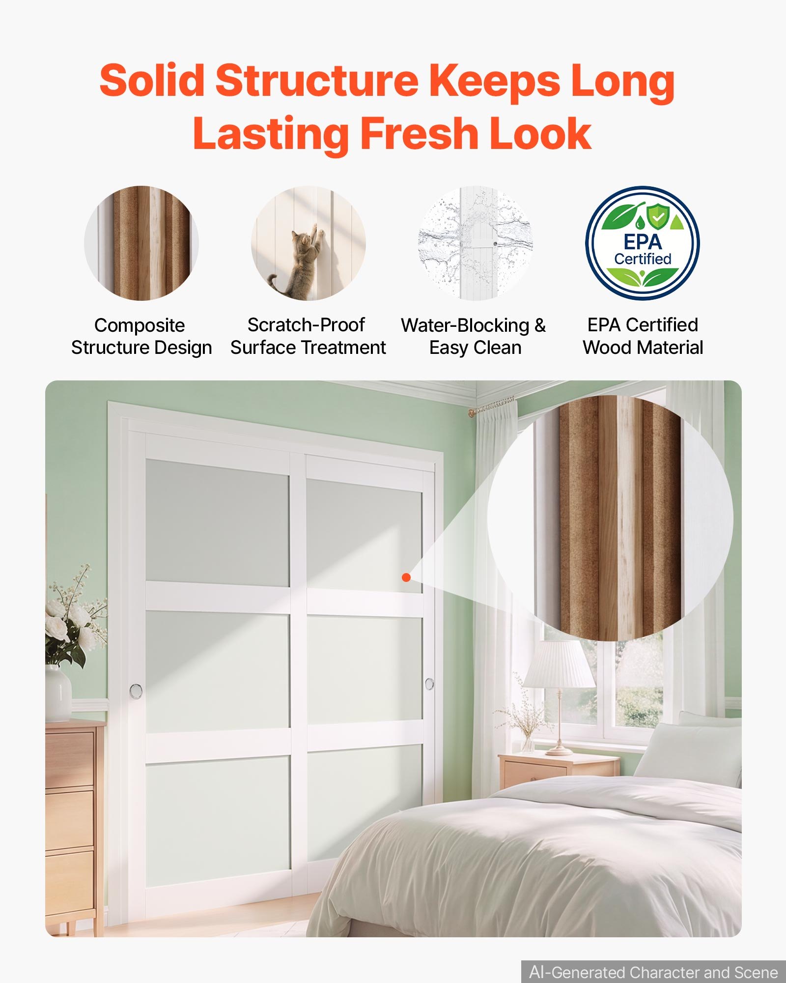 VEVOR Schuifdeur 1829 mm x 2032 mm (passende openingsmaat), gematteerde glazen bypass-schuifdeuren met bevestigingsset, massief hout en MDF-plaat met waterdicht PVC-oppervlak voor kasten, wit