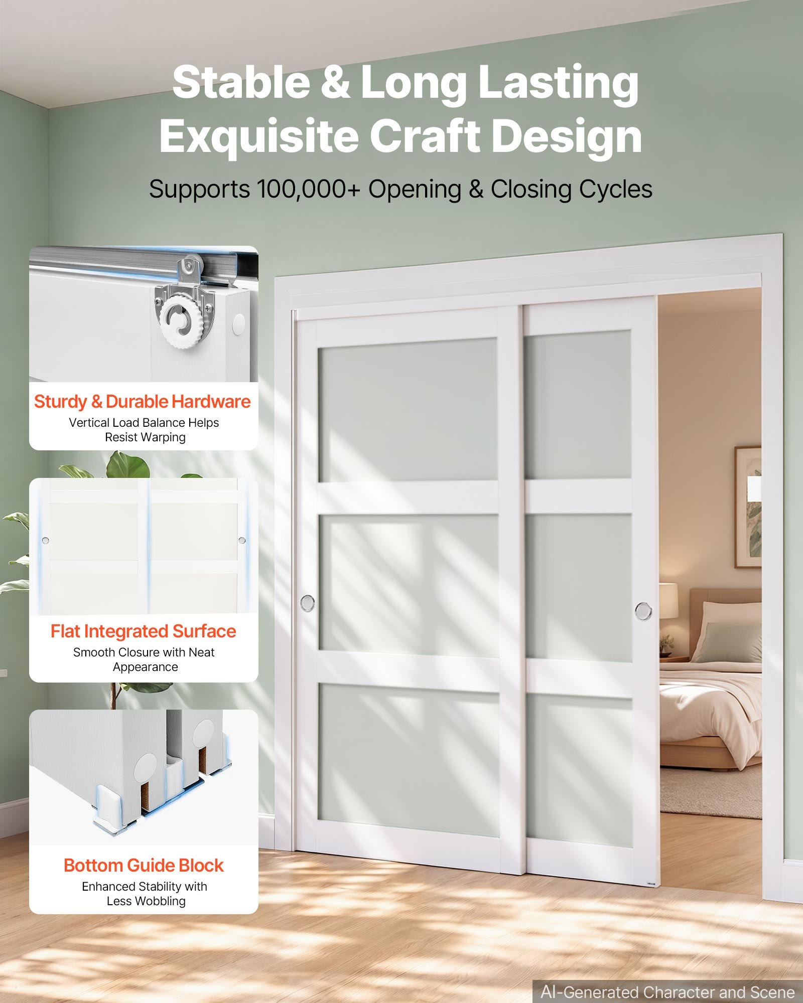 VEVOR Schuifdeur 1829 mm x 2032 mm (passende openingsmaat), gematteerde glazen bypass-schuifdeuren met bevestigingsset, massief hout en MDF-plaat met waterdicht PVC-oppervlak voor kasten, wit