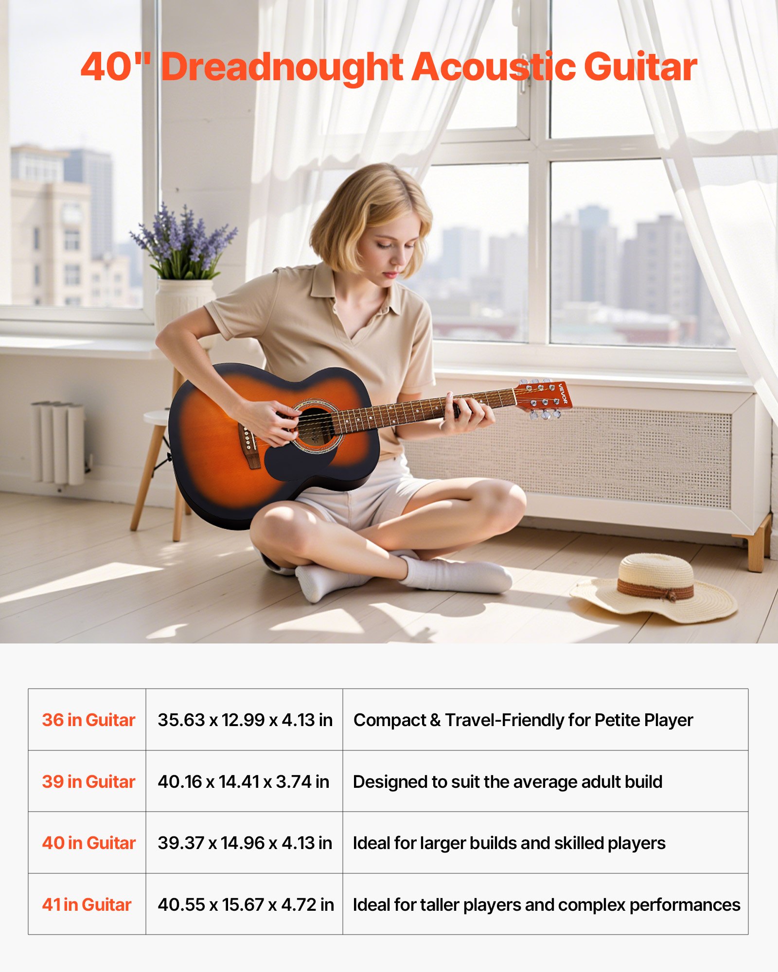 VEVOR Dreadnought Acoustic Guitar, 40 in, 6-String Sunburst Solid Top Guitar, Beginner Bundle with Gig Bag, Tuner, Strap, Steel Strings, Picks, Capo, Rosewood Fingerboard, for Adults, Skilled Players