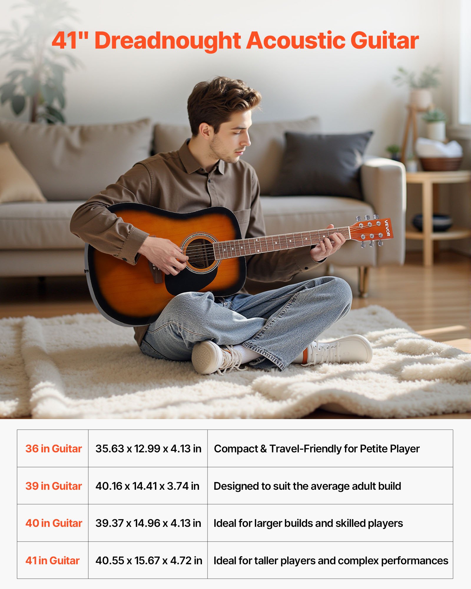 VEVOR Dreadnought akoestische gitaar 41 in / 1041,4 mm beginnersset volwassen Sunburst
