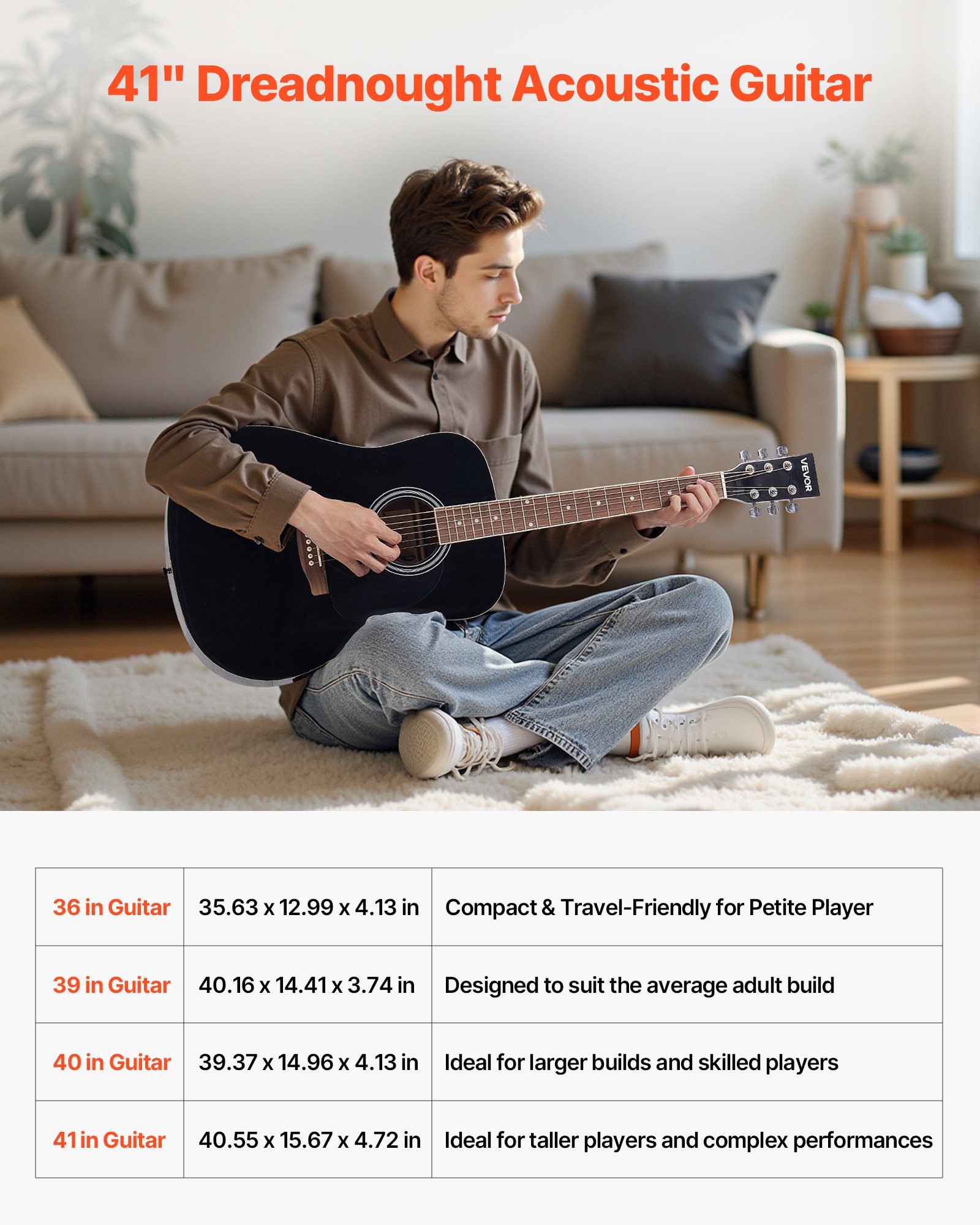 VEVOR Dreadnought Acoustic Guitar, 41 in, 6-String Black Solid Spruce Top Guitar, Beginner Bundle with Gig Bag, Tuner, Strap, Steel Strings, Picks, Capo, Rosewood Fingerboard, for Adult Taller Player