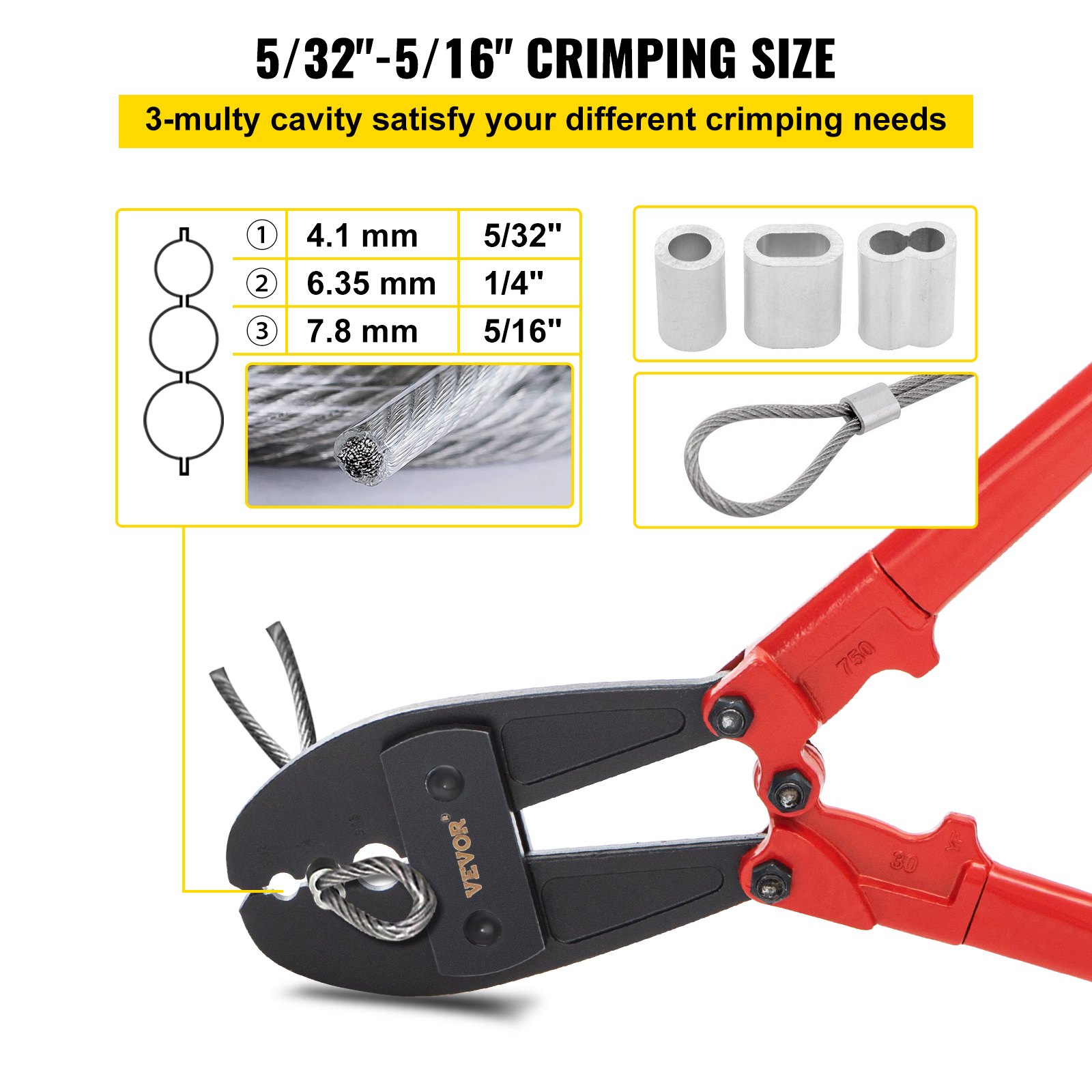 VEVOR 762mm/30 Inch Steel Wire Leader Rope Crimping Sleeves 4mm - 8mm Hand Swage Crimpers Tool Hand Crimping Pliers Tool  for Wire Rope and Cable