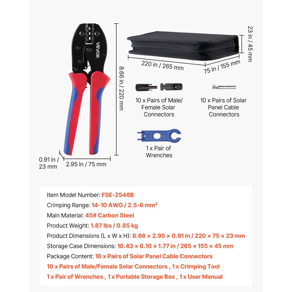 VEVOR Solar krimptangset voor 2,5-6 mm², krimptang met metrische en AWG-markeringen, incl. zonneconnectoren, kabelconnectoren, sleutels en opbergkoffer