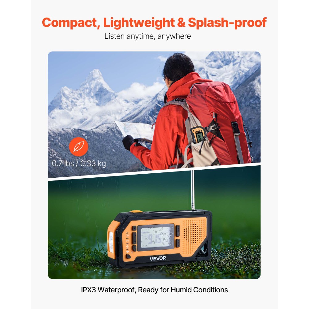 VEVOR Noodweerradio, Crank Radio, 2000 mAh Batterij, FM/AM/WB/NOAA Alarm, Solar Noodradio met USB Oplaadkabel, SOS Alarm & Zaklamp, SOS voor Camping, Nood Smartphone Opladen, Geel