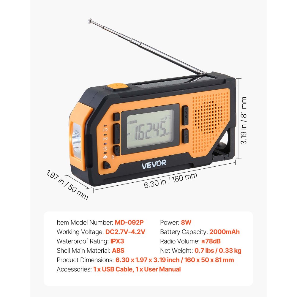 VEVOR Noodweerradio, Crank Radio, 2000 mAh Batterij, FM/AM/WB/NOAA Alarm, Solar Noodradio met USB Oplaadkabel, SOS Alarm & Zaklamp, SOS voor Camping, Nood Smartphone Opladen, Geel