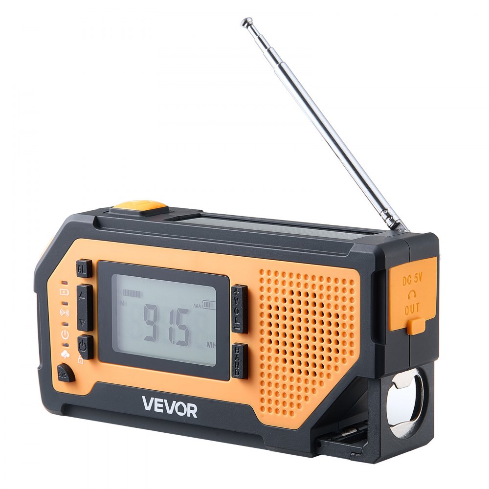 VEVOR Noodweerradio, Crank Radio, 2000 mAh Batterij, FM/AM/WB/NOAA Alarm, Solar Noodradio met USB Oplaadkabel, SOS Alarm & Zaklamp, SOS voor Camping, Nood Smartphone Opladen, Geel