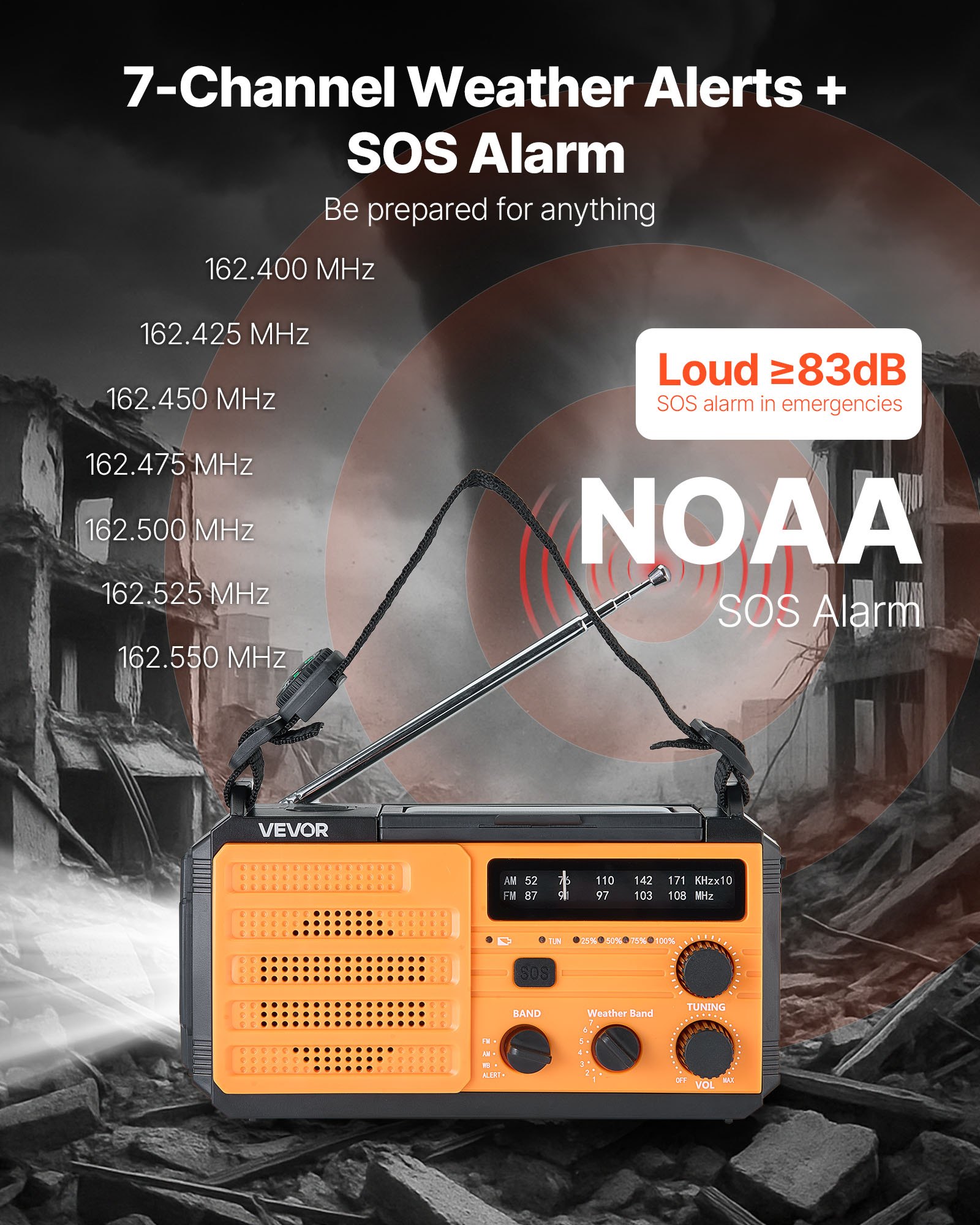 VEVOR Noodweerradio, Crank Radio, 8000 mAh Batterij, FM/AM/WB/NOAA Alarm, Solar Noodradio met USB Oplaadkabel, SOS Alarm & Zaklamp, SOS voor Camping, Nood Smartphone Opladen, Geel