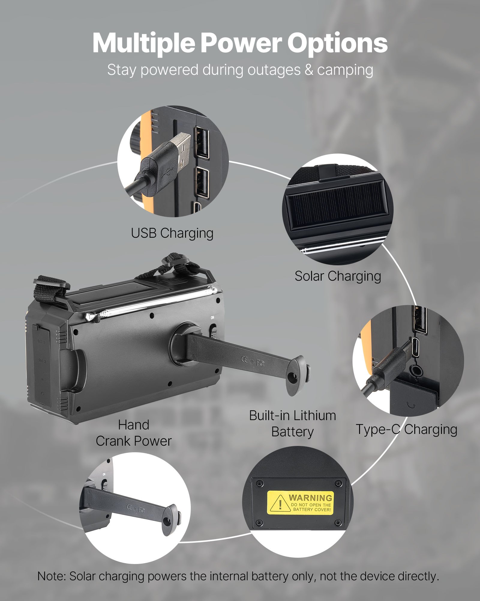VEVOR Noodweerradio, Crank Radio, 8000 mAh Batterij, FM/AM/WB/NOAA Alarm, Solar Noodradio met USB Oplaadkabel, SOS Alarm & Zaklamp, SOS voor Camping, Nood Smartphone Opladen, Geel