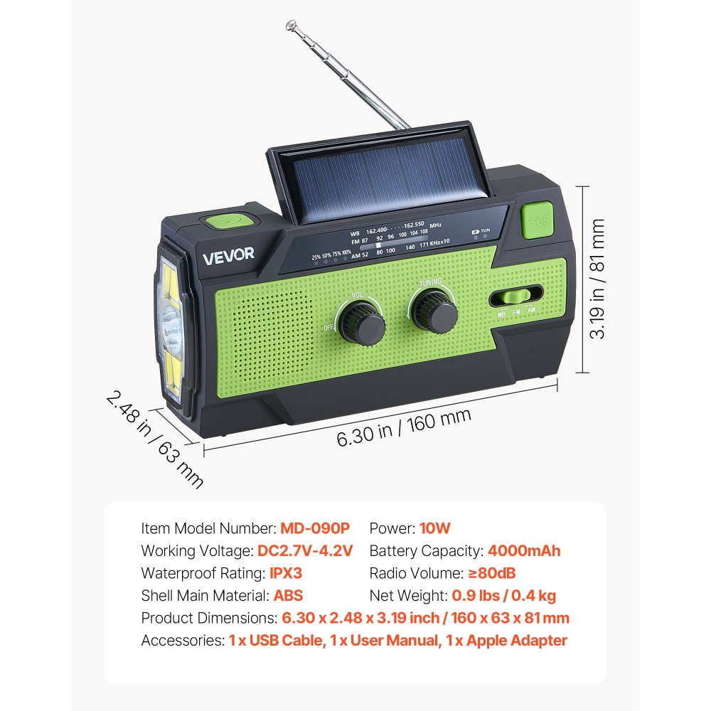 VEVOR Emergency Weather Radio, 4000mAh Battery, FM/AM/WB/NOAA Alert Solar Hand Crank Emergency Radio, with USB Charging Cable, SOS Alarm and Flashlight, Portable for Outdoor Emergencies, Camping
